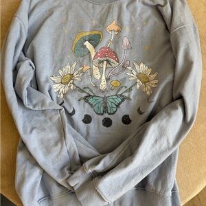 Full Tilt Light Blue Graphic Sweatshirt with Mushroom, Daisy & Butterfly Motif